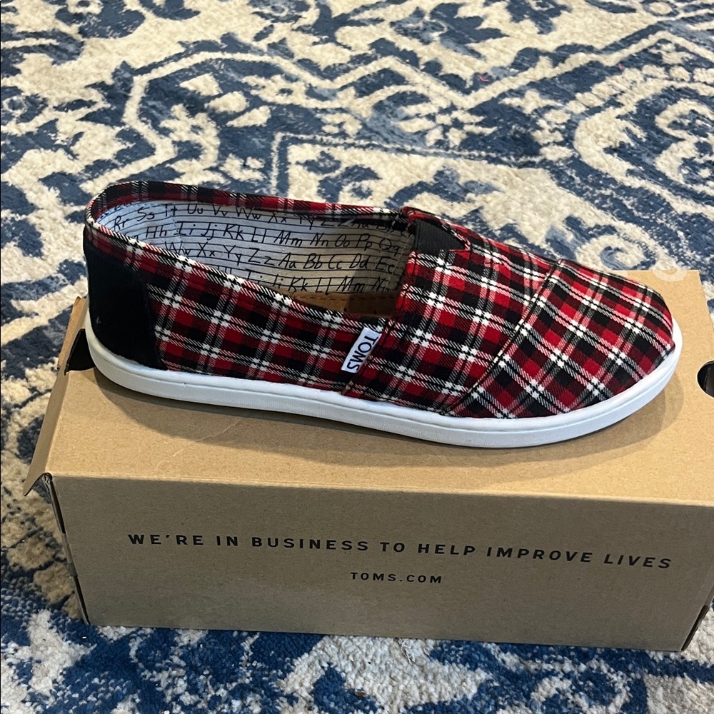 Toms Kids Red and Black Checkered Loafers